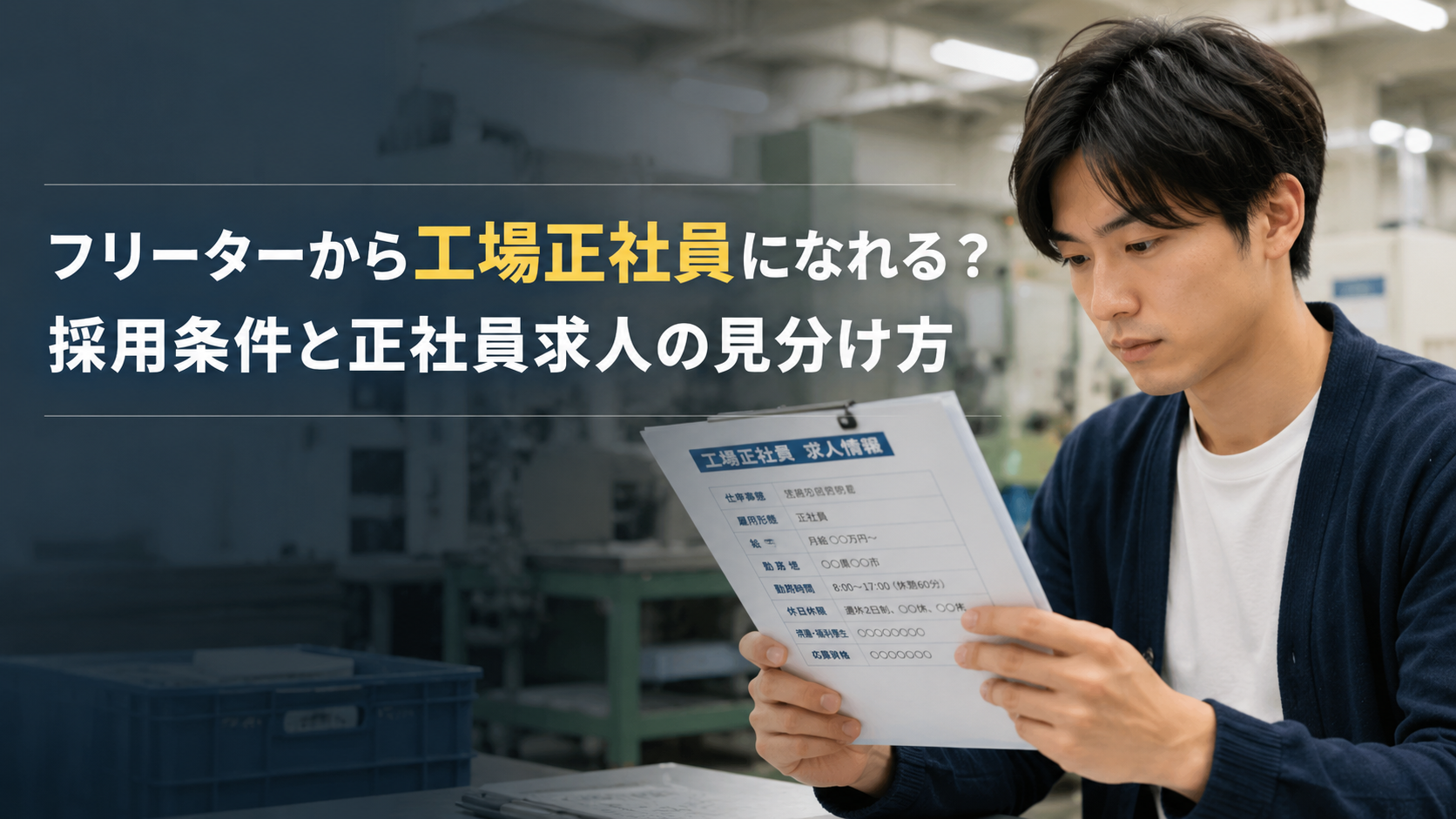 フリーターから工場正社員を目指す男性が求人票の採用条件を確認している様子