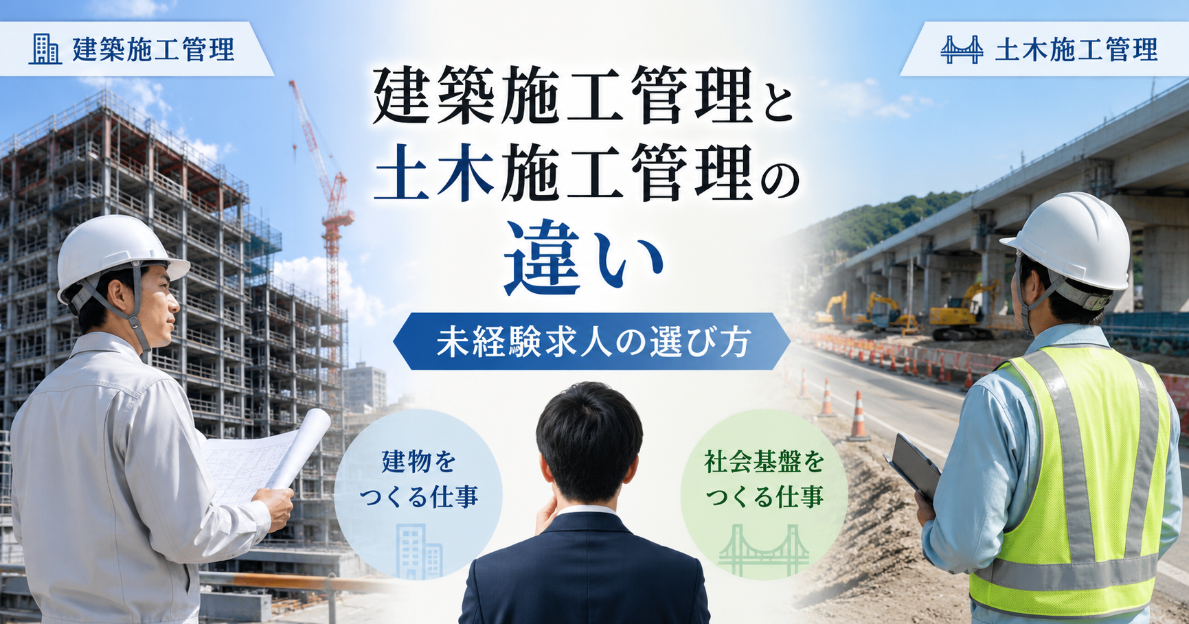 建築施工管理と土木施工管理の違いを比較するイメージ。左に建築現場、右に道路・橋梁工事の土木現場が描かれている。