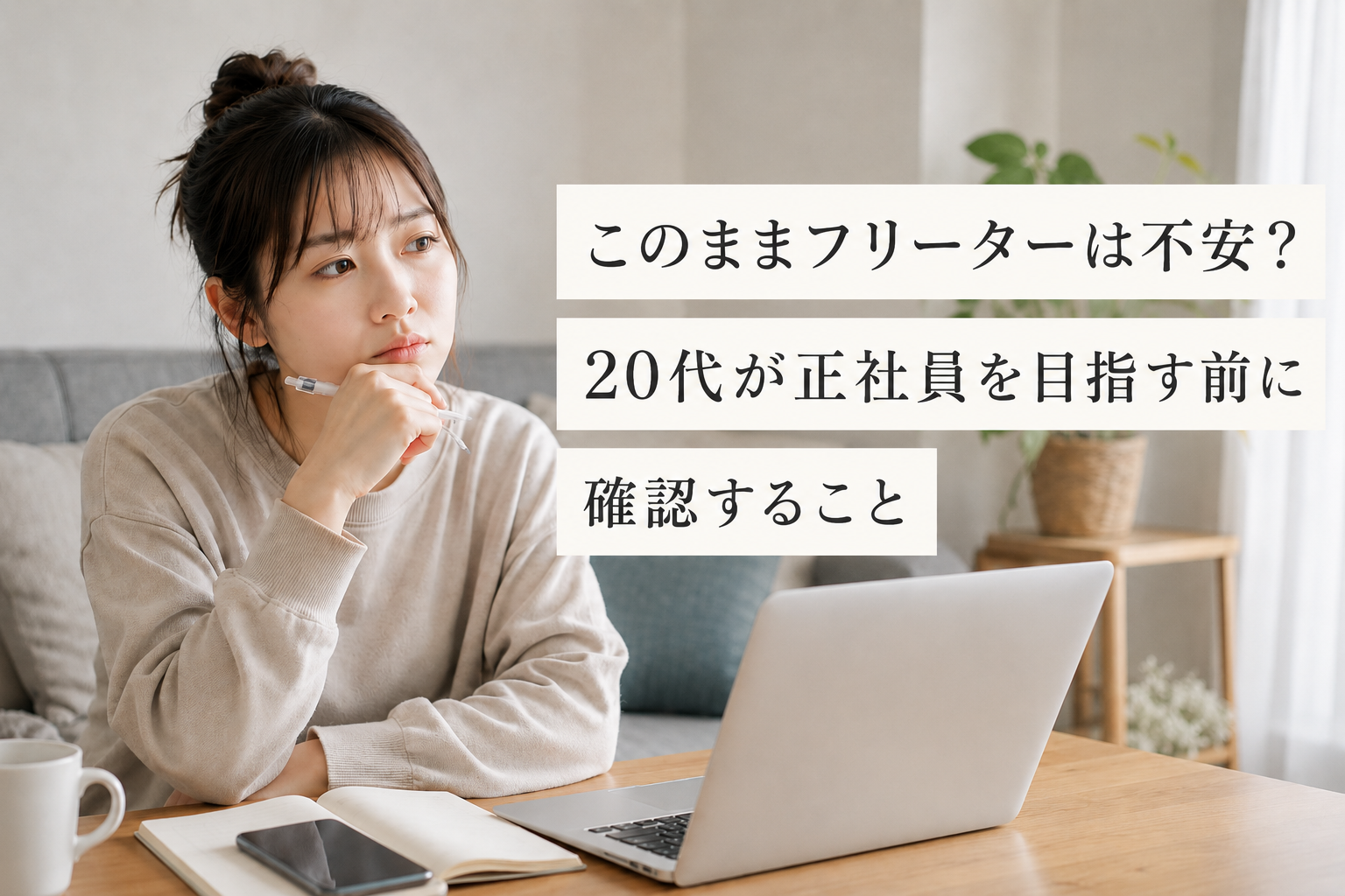 このままフリーターを続けることに不安を感じ、正社員を目指す前に確認することを考える20代女性のイメージ